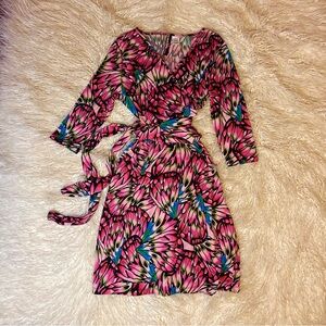 Red & Pink Butterfly Wings 3/4 Sleeve Wrap Dress